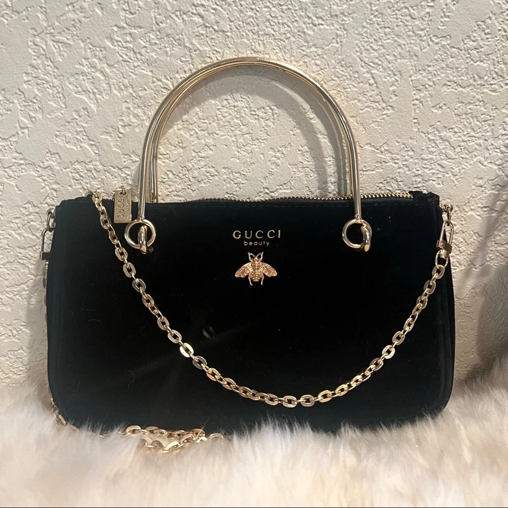 Gucci Black Velvet Cosmetic Pouch Bag with Crossbody Chain and Handles - Picture 1 of 9